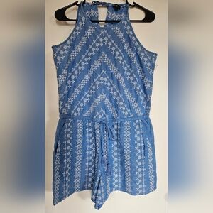 LOFT Blue and White Embroidered Top with Packets